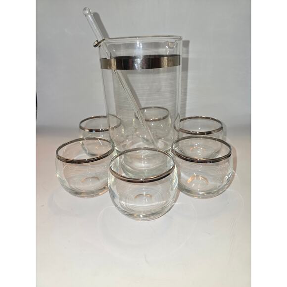 MCM Silver Band Barware Set 1 Pitcher 6 Roly Poly Glasses Vintage - Picture 1 of 10